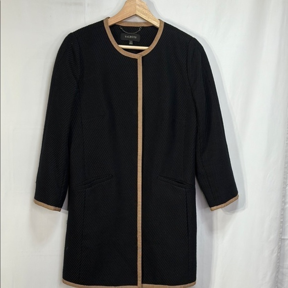 🦆 Talbots  long black blazer with Tan grosgrain Trim minimal style